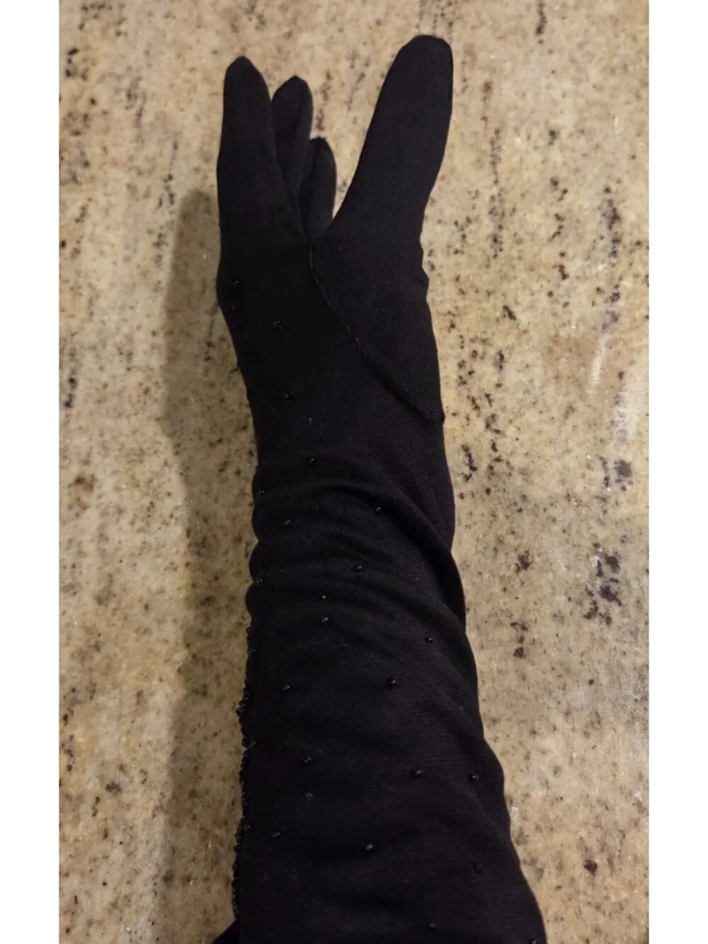 Vintage Womens One Size Stretch Nylon Black Formal Gloves Beaded 15